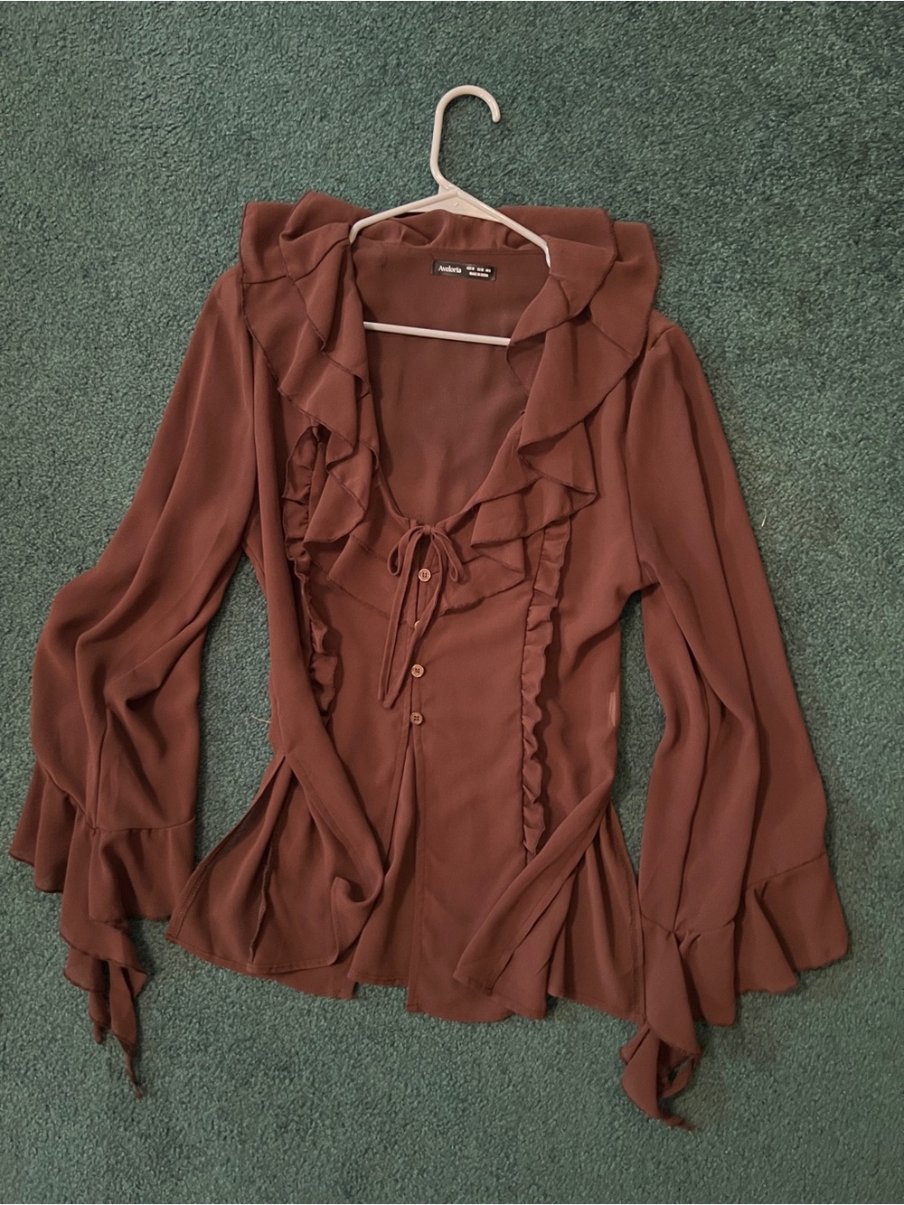 Brown Ruffled V-Neck Tie Blouse